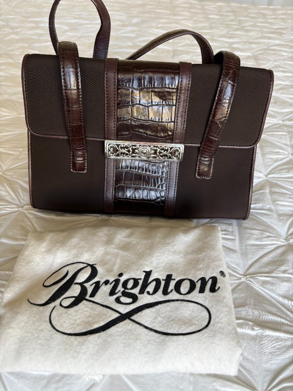 Brighton Dark Brown Croc-Embossed Leather Silver Hardware Shoulder Bag